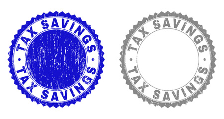 Grunge TAX SAVINGS stamp seals isolated on a white background. Rosette seals with distress texture in blue and gray colors. Vector rubber stamp imprint of TAX SAVINGS title inside round rosette.のイラスト素材