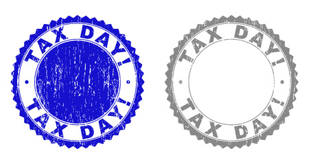 Grunge TAX DAY! stamp seals isolated on a white background. Rosette seals with distress texture in blue and grey colors. Vector rubber stamp imprint of TAX DAY! caption inside round rosette.のイラスト素材