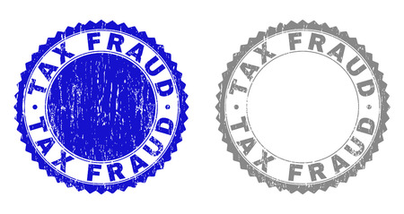 Grunge TAX FRAUD stamp seals isolated on a white background. Rosette seals with grunge texture in blue and grey colors. Vector rubber stamp imprint of TAX FRAUD tag inside round rosette.のイラスト素材