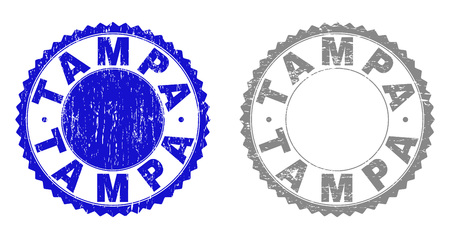 Grunge TAMPA stamp seals isolated on a white background. Rosette seals with grunge texture in blue and gray colors. Vector rubber stamp imitation of TAMPA text inside round rosette.のイラスト素材