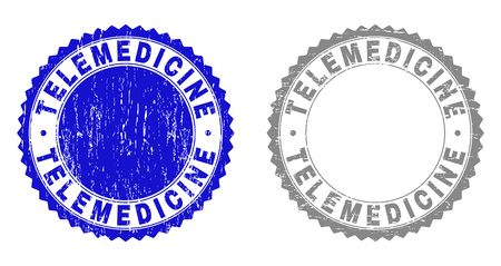 Grunge TELEMEDICINE stamp seals isolated on a white background. Rosette seals with grunge texture in blue and gray colors. Vector rubber stamp imitation of TELEMEDICINE tag inside round rosette.のイラスト素材