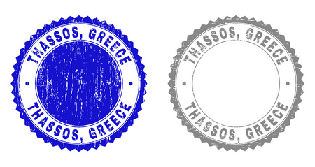 Grunge THASSOS, GREECE watermarks isolated on a white background. Rosette seals with grunge texture in blue and gray colors. Vector rubber stamp imprint of THASSOS, GREECE title inside round rosette.のイラスト素材