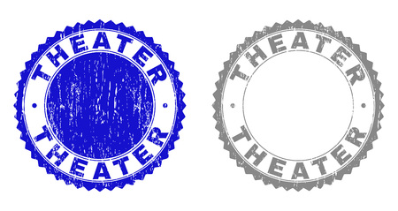 Grunge THEATER stamp seals isolated on a white background. Rosette seals with grunge texture in blue and grey colors. Vector rubber stamp imprint of THEATER text inside round rosette.のイラスト素材
