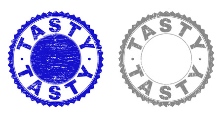 Grunge TASTY stamp seals isolated on a white background. Rosette seals with grunge texture in blue and grey colors. Vector rubber stamp imitation of TASTY label inside round rosette.のイラスト素材