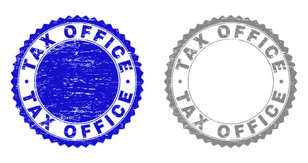 Grunge TAX OFFICE stamp seals isolated on a white background. Rosette seals with grunge texture in blue and gray colors. Vector rubber stamp imitation of TAX OFFICE label inside round rosette.のイラスト素材