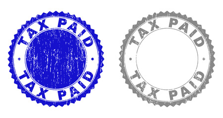 Grunge TAX PAID stamp seals isolated on a white background. Rosette seals with grunge texture in blue and gray colors. Vector rubber stamp imitation of TAX PAID label inside round rosette.のイラスト素材