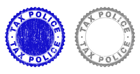 Grunge TAX POLICE stamp seals isolated on a white background. Rosette seals with grunge texture in blue and grey colors. Vector rubber stamp imitation of TAX POLICE caption inside round rosette.のイラスト素材