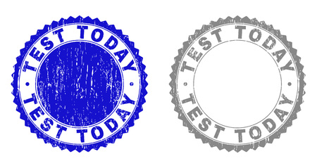 Grunge TEST TODAY stamp seals isolated on a white background. Rosette seals with grunge texture in blue and gray colors. Vector rubber stamp imprint of TEST TODAY tag inside round rosette.のイラスト素材