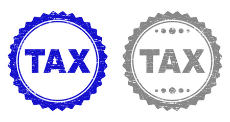 Grunge TAX stamp seals isolated on a white background. Rosette seals with grunge texture in blue and grey colors. Vector rubber stamp imitation of TAX title inside round rosette.のイラスト素材