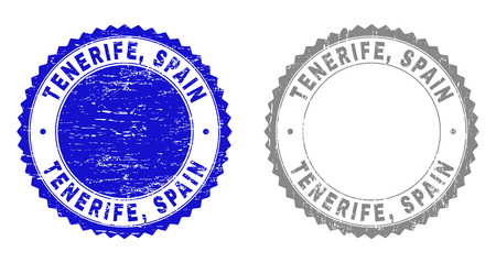 Grunge TENERIFE, SPAIN stamp seals isolated on a white background. Rosette seals with grunge texture in blue and grey colors. Vector rubber stamp imprint of TENERIFE,のイラスト素材
