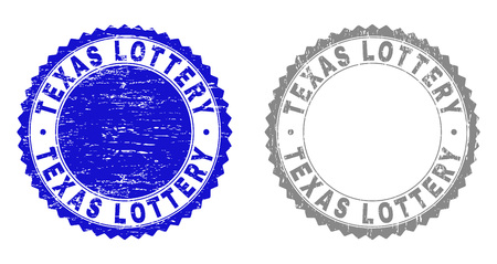 Grunge TEXAS LOTTERY stamp seals isolated on a white background. Rosette seals with grunge texture in blue and gray colors. Vector rubber stamp imprint of TEXAS LOTTERY text inside round rosette.のイラスト素材