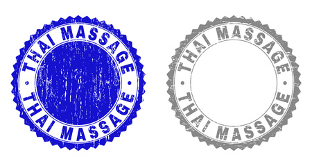 Grunge THAI MASSAGE stamps isolated on a white background. Rosette seals with grunge texture in blue and grey colors. Vector rubber stamp imitation of THAI MASSAGE caption inside round rosette.のイラスト素材