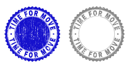 Grunge TIME FOR MOVE stamp seals isolated on a white background. Rosette seals with grunge texture in blue and gray colors. Vector rubber stamp imprint of TIME FOR MOVE title inside round rosette.のイラスト素材