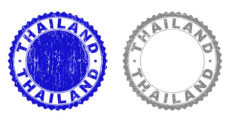 Grunge THAILAND stamp seals isolated on a white background. Rosette seals with grunge texture in blue and gray colors. Vector rubber overlay of THAILAND label inside round rosette.のイラスト素材