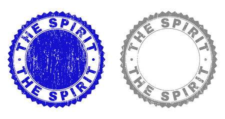 Grunge THE SPIRIT stamp seals isolated on a white background. Rosette seals with grunge texture in blue and gray colors. Vector rubber stamp imitation of THE SPIRIT tag inside round rosette.のイラスト素材