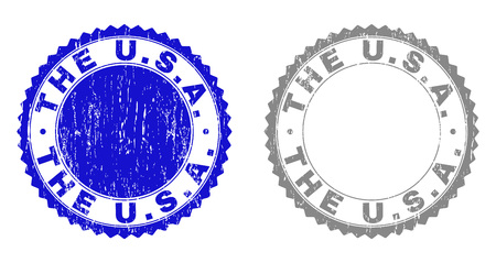 Grunge THE U.S.A. stamp seals isolated on a white background. Rosette seals with grunge texture in blue and grey colors. Vector rubber overlay of THE U.S.A. title inside round rosette.のイラスト素材