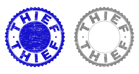 Grunge THIEF stamp seals isolated on a white background. Rosette seals with grunge texture in blue and grey colors. Vector rubber stamp imprint of THIEF title inside round rosette.のイラスト素材