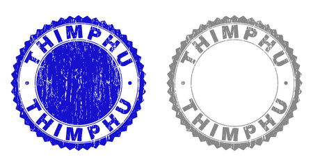 Grunge THIMPHU stamp seals isolated on a white background. Rosette seals with grunge texture in blue and gray colors. Vector rubber overlay of THIMPHU tag inside round rosette.のイラスト素材
