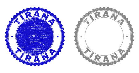 Grunge TIRANA stamp seals isolated on a white background. Rosette seals with distress texture in blue and gray colors. Vector rubber stamp imprint of TIRANA caption inside round rosette.のイラスト素材