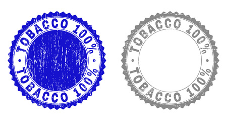 Grunge TOBACCO 100% stamp seals isolated on a white background. Rosette seals with distress texture in blue and gray colors. Vector rubber stamp imprint of TOBACCO 100% label inside round rosette.のイラスト素材