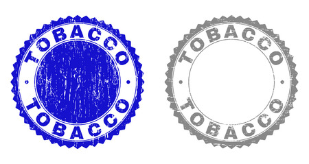 Grunge TOBACCO stamp seals isolated on a white background. Rosette seals with grunge texture in blue and gray colors. Vector rubber stamp imitation of TOBACCO caption inside round rosette.のイラスト素材