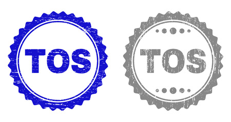 Grunge TOS stamp seals isolated on a white background. Rosette seals with grunge texture in blue and gray colors. Vector rubber stamp imitation of TOS caption inside round rosette.のイラスト素材