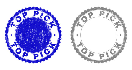 Grunge TOP PICK stamp seals isolated on a white background. Rosette seals with grunge texture in blue and grey colors. Vector rubber stamp imitation of TOP PICK caption inside round rosette.のイラスト素材