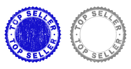 Grunge TOP SELLER stamp seals isolated on a white background. Rosette seals with grunge texture in blue and gray colors. Vector rubber stamp imprint of TOP SELLER tag inside round rosette.のイラスト素材
