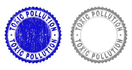 Grunge TOXIC POLLUTION watermarks isolated on a white background. Rosette seals with grunge texture in blue and gray colors.のイラスト素材