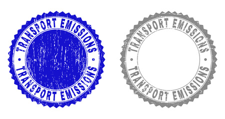 Grunge TRANSPORT EMISSIONS stamp seals isolated on a white background. Rosette seals with distress texture in blue and grey colors.のイラスト素材
