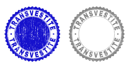 Grunge TRANSVESTITE stamp seals isolated on a white background. Rosette seals with grunge texture in blue and gray colors. Vector rubber stamp imprint of TRANSVESTITE text inside round rosette.のイラスト素材