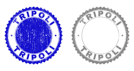Grunge TRIPOLI stamp seals isolated on a white background. Rosette seals with grunge texture in blue and grey colors. Vector rubber stamp imitation of TRIPOLI text inside round rosette.のイラスト素材