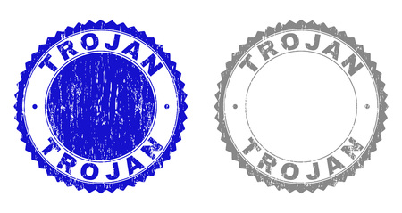 Grunge TROJAN watermarks isolated on a white background. Rosette seals with grunge texture in blue and gray colors. Vector rubber stamp imitation of TROJAN caption inside round rosette.のイラスト素材