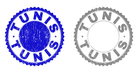 Grunge TUNIS stamp seals isolated on a white background. Rosette seals with grunge texture in blue and grey colors. Vector rubber stamp imprint of TUNIS label inside round rosette.のイラスト素材