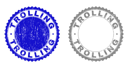 Grunge TROLLING stamp seals isolated on a white background. Rosette seals with distress texture in blue and grey colors. Vector rubber stamp imprint of TROLLING caption inside round rosette.のイラスト素材