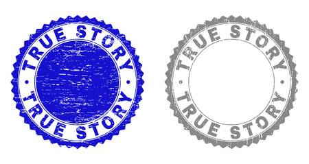 Grunge TRUE STORY watermarks isolated on a white background. Rosette seals with grunge texture in blue and gray colors. Vector rubber stamp imitation of TRUE STORY tag inside round rosette.のイラスト素材