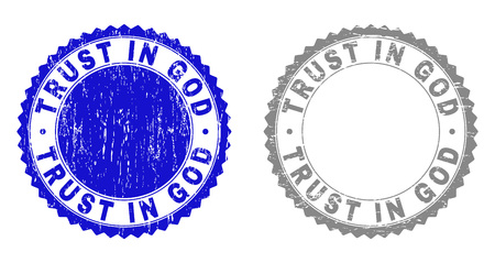 Grunge TRUST IN GOD stamp seals isolated on a white background. Rosette seals with grunge texture in blue and grey colors. Vector rubber stamp imprint of TRUST IN GOD text inside round rosette.のイラスト素材