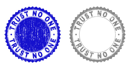Grunge TRUST NO ONE watermarks isolated on a white background. Rosette seals with grunge texture in blue and gray colors. Vector rubber stamp imitation of TRUST NO ONE title inside round rosette.のイラスト素材