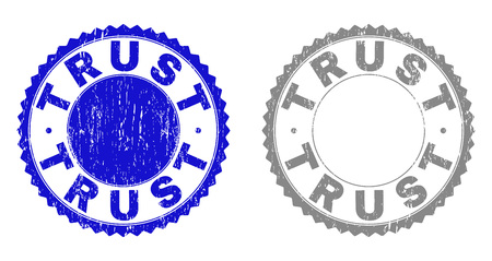 Grunge TRUST stamp seals isolated on a white background. Rosette seals with grunge texture in blue and gray colors. Vector rubber watermark of TRUST title inside round rosette.のイラスト素材