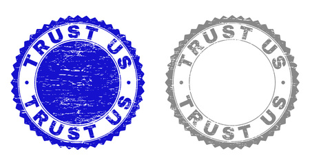 Grunge TRUST US stamp seals isolated on a white background. Rosette seals with grunge texture in blue and grey colors. Vector rubber stamp imitation of TRUST US label inside round rosette.のイラスト素材