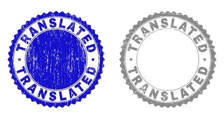 Grunge TRANSLATED watermarks isolated on a white background. Rosette seals with grunge texture in blue and grey colors. Vector rubber stamp imitation of TRANSLATED title inside round rosette.のイラスト素材