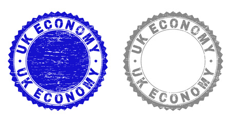 Grunge UK ECONOMY stamp seals isolated on a white background. Rosette seals with grunge texture in blue and gray colors. Vector rubber stamp imitation of UK ECONOMY tag inside round rosette.のイラスト素材