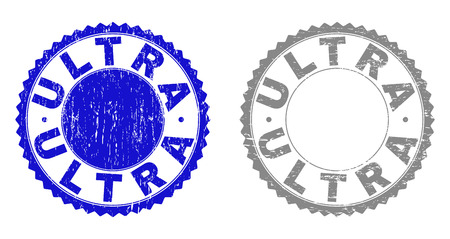 Grunge ULTRA stamp seals isolated on a white background. Rosette seals with grunge texture in blue and gray colors. Vector rubber stamp imitation of ULTRA tag inside round rosette.のイラスト素材