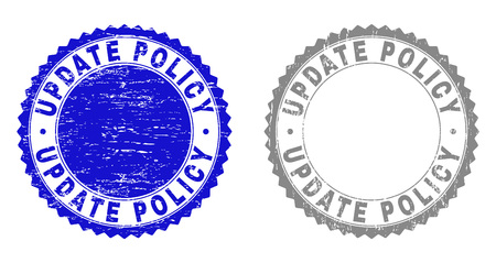 Grunge UPDATE POLICY stamp seals isolated on a white background. Rosette seals with grunge texture in blue and grey colors. Vector rubber stamp imprint of UPDATE POLICY tag inside round rosette.のイラスト素材
