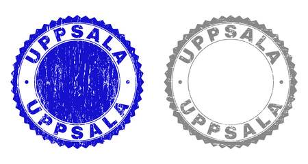 Grunge UPPSALA stamp seals isolated on a white background. Rosette seals with grunge texture in blue and gray colors. Vector rubber stamp imitation of UPPSALA caption inside round rosette.のイラスト素材