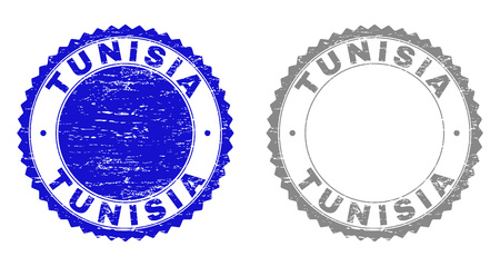 Grunge TUNISIA stamp seals isolated on a white background. Rosette seals with grunge texture in blue and gray colors. Vector rubber watermark of TUNISIA label inside round rosette.のイラスト素材