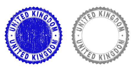 Grunge UNITED KINGDOM stamp seals isolated on a white background. Rosette seals with grunge texture in blue and grey colors. Vector rubber stamp imprint of UNITED KINGDOM label inside round rosette.のイラスト素材