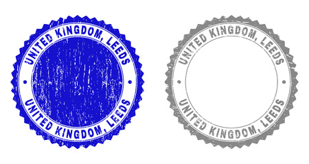 Grunge UNITED KINGDOM, LEEDS stamp seals isolated on a white background. Rosette seals with grunge texture in blue and grey colors. Vector rubber stamp imprint of UNITED KINGDOM,のイラスト素材