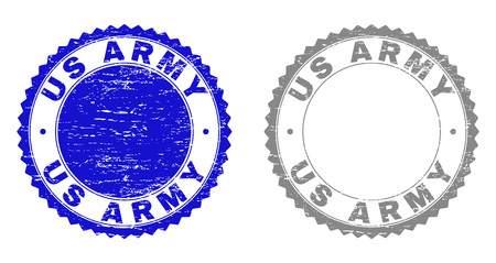 Grunge US ARMY stamp seals isolated on a white background. Rosette seals with grunge texture in blue and grey colors. Vector rubber stamp imprint of US ARMY text inside round rosette.のイラスト素材