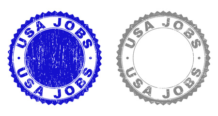 Grunge USA JOBS stamp seals isolated on a white background. Rosette seals with grunge texture in blue and gray colors. Vector rubber watermark of USA JOBS label inside round rosette.のイラスト素材